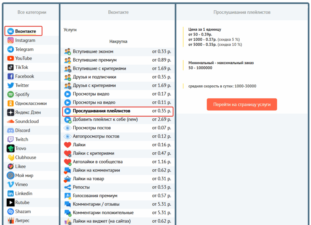Накрутка прослушиваний плейлистов ВК в сервисе Простоспец