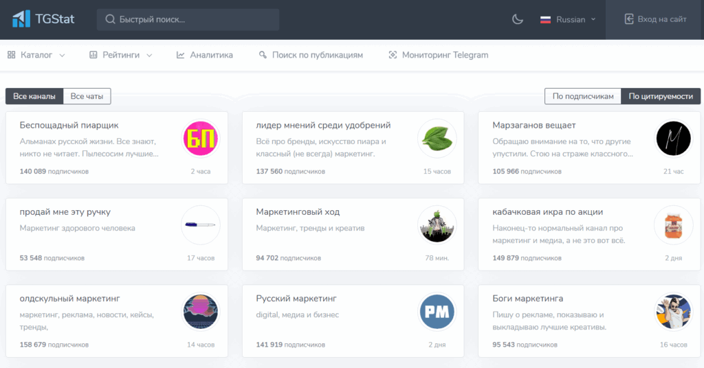 Пример каталога в TGstat