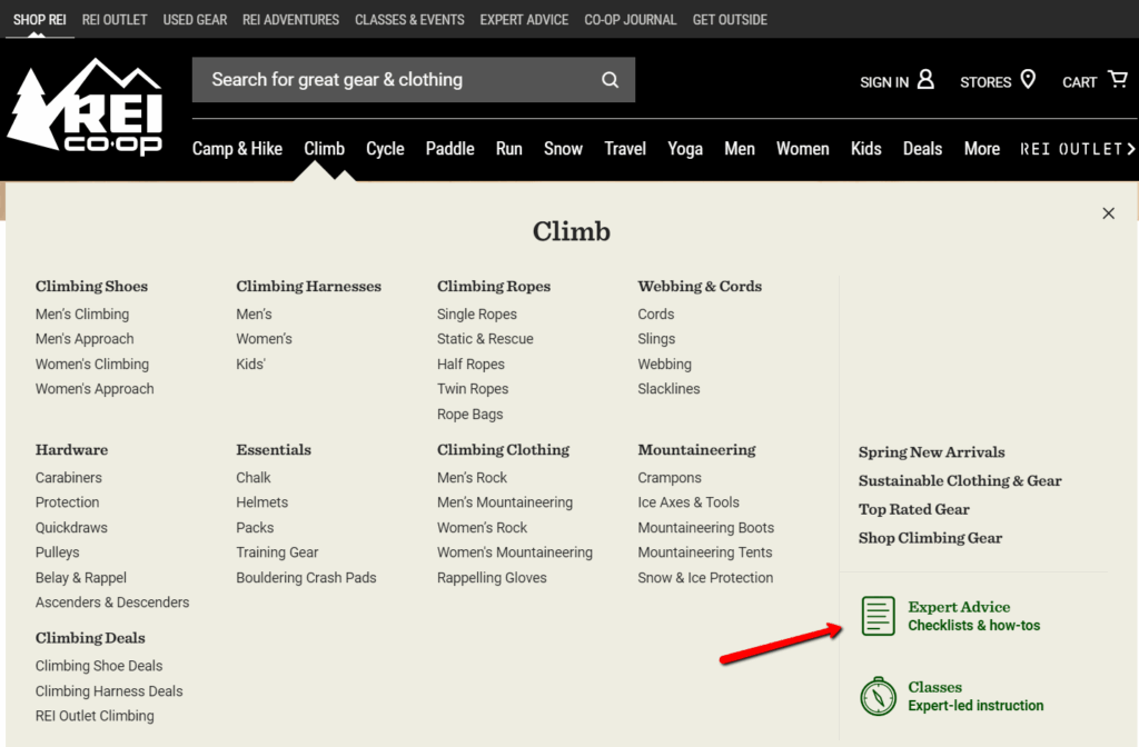 REI объединяет статьи в навигацию по категориям товаров